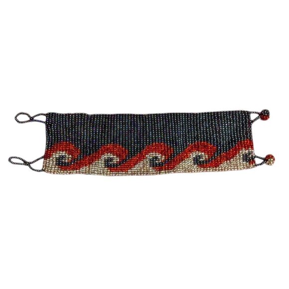 Vintage Seed Bead Loom Ocean Wave Beach Bracelet Handmade Flat Boho Cuff - Picture 1 of 6